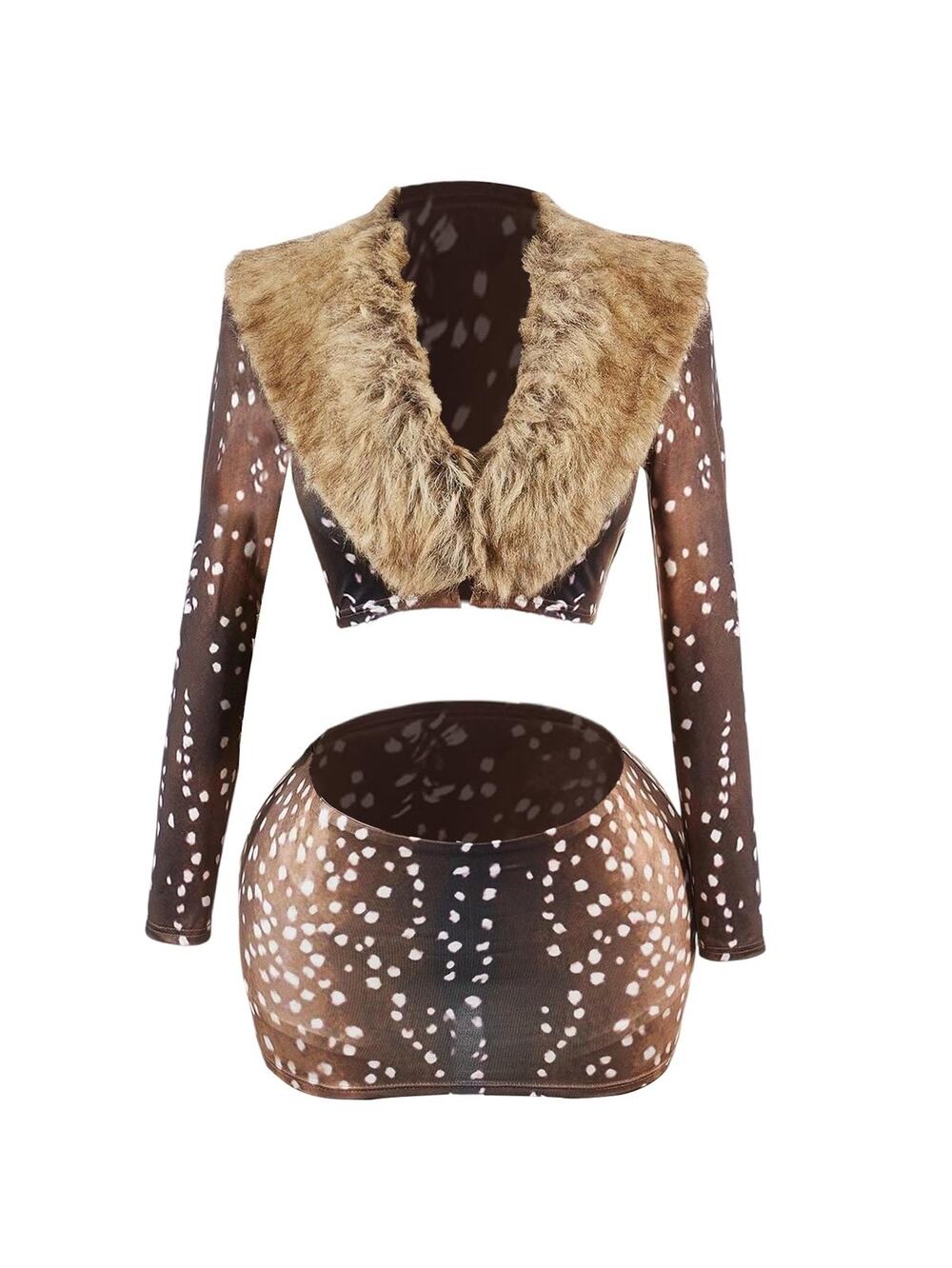 MakeMeChic Womens Sz S Deer Print Faux Fur Crop Top Skirt 2 Piece Set Dots